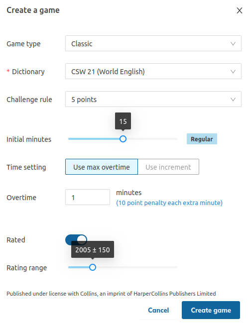 The "create a game" pop-up